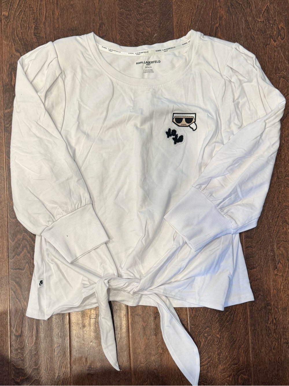 Karl Lagerfeld Kids White Long Sleeve Tie-Front Top with Logo Patch